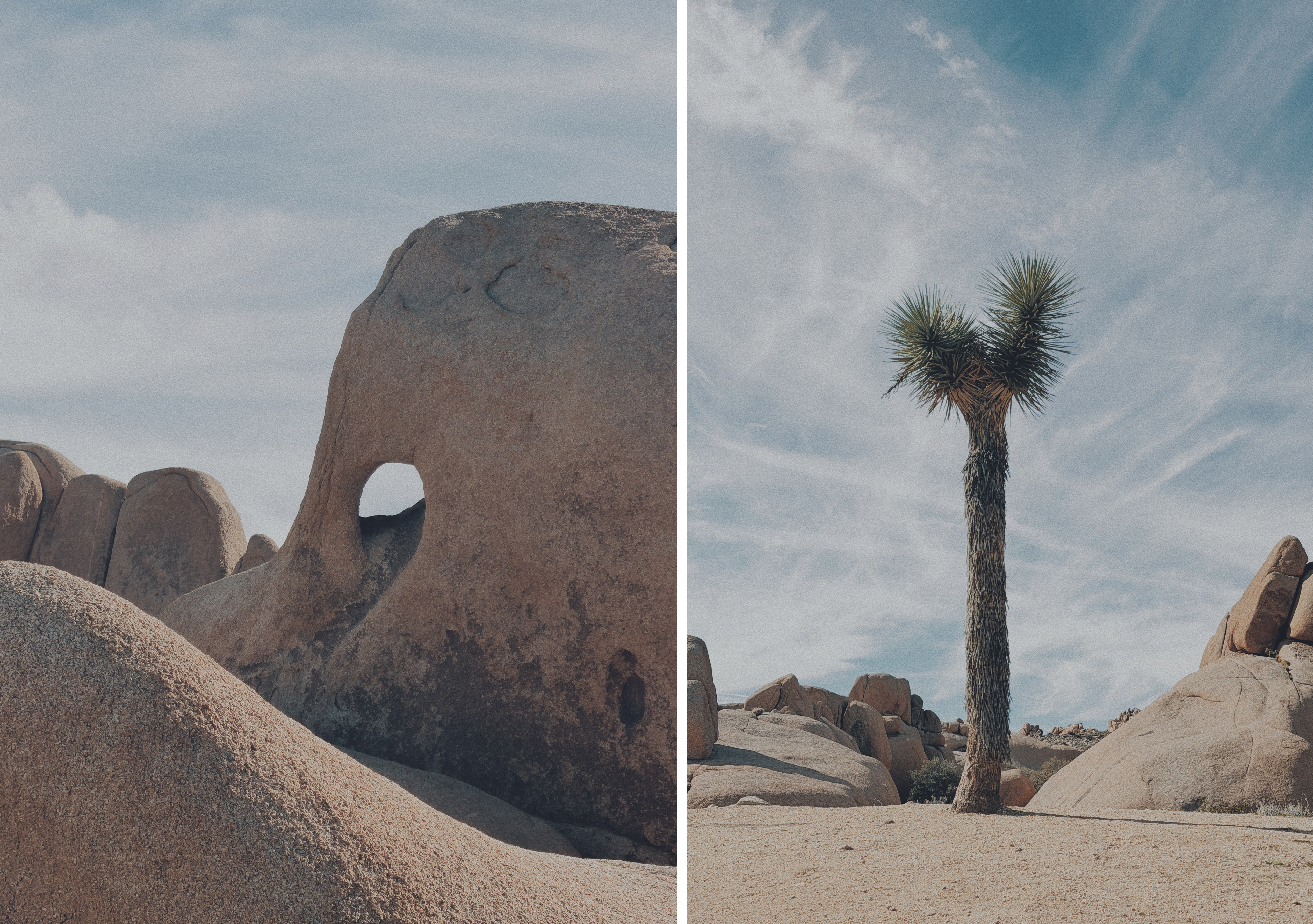 Image 1: In Joshua Tree National Park, a massive rounded granite boulder rises from sandy ground, pierced by a smooth oval opening near its base. Smaller boulders cluster around it, and the pale blue sky is streaked with thin, high clouds. Image 2: A single Joshua tree stands upright in open desert at Joshua Tree National Park, its tall, rough trunk topped with spiky green crowns. Rounded granite rocks sit behind it, and wispy clouds fan out across the bright midday sky.