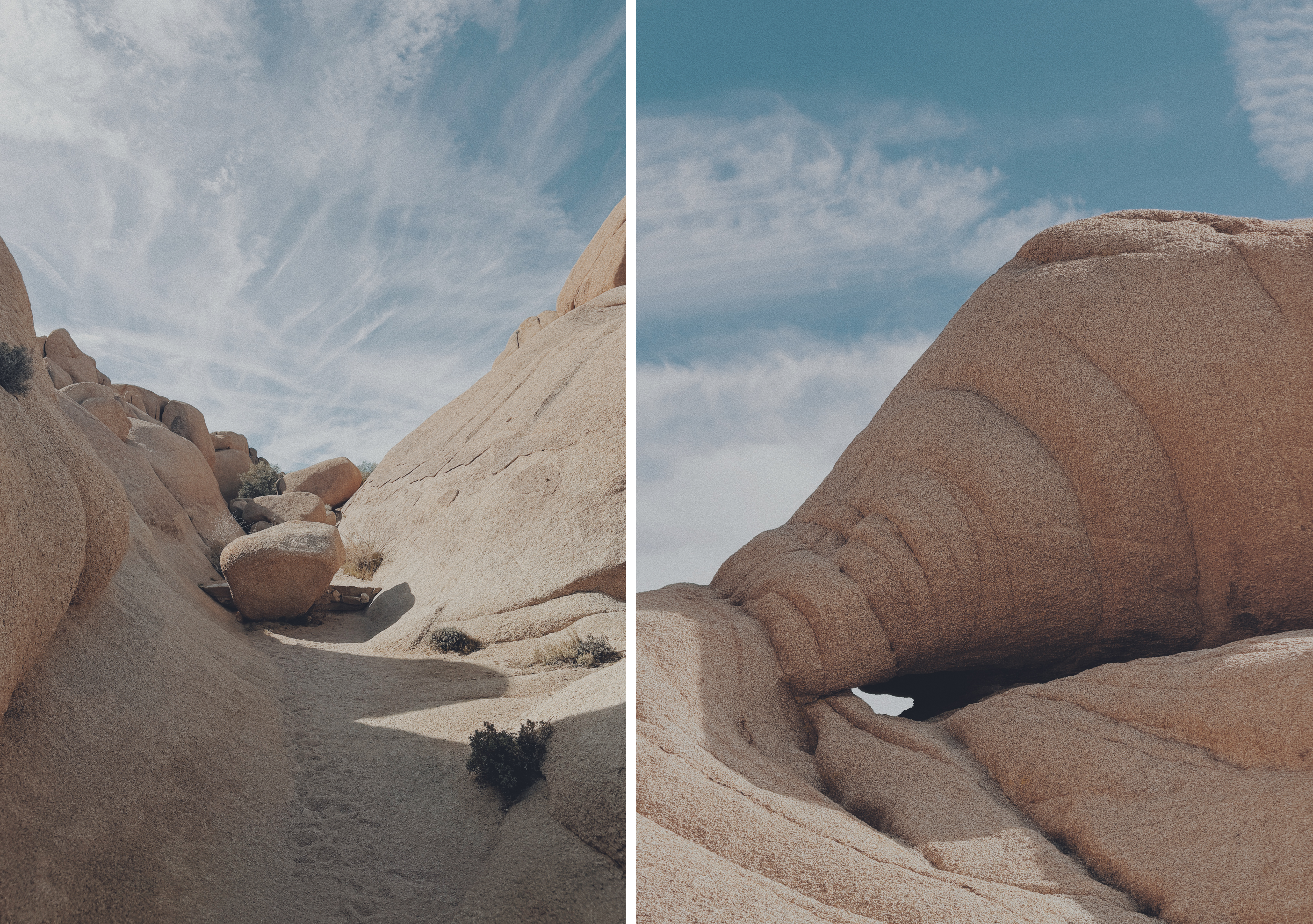 Image 1: Midday in Joshua Tree, California, a narrow sandy path winds between smooth, rounded granite walls. A large boulder rests in the middle of the corridor, with sparse desert shrubs at its base and wispy clouds stretching across a pale blue sky. Image 2: A close view of a rounded granite formation in Joshua Tree at midday, shaped into layered, curving bands by erosion. A dark hollow cuts beneath the rock, contrasting with the sunlit, sandy-colored stone and soft clouds above.