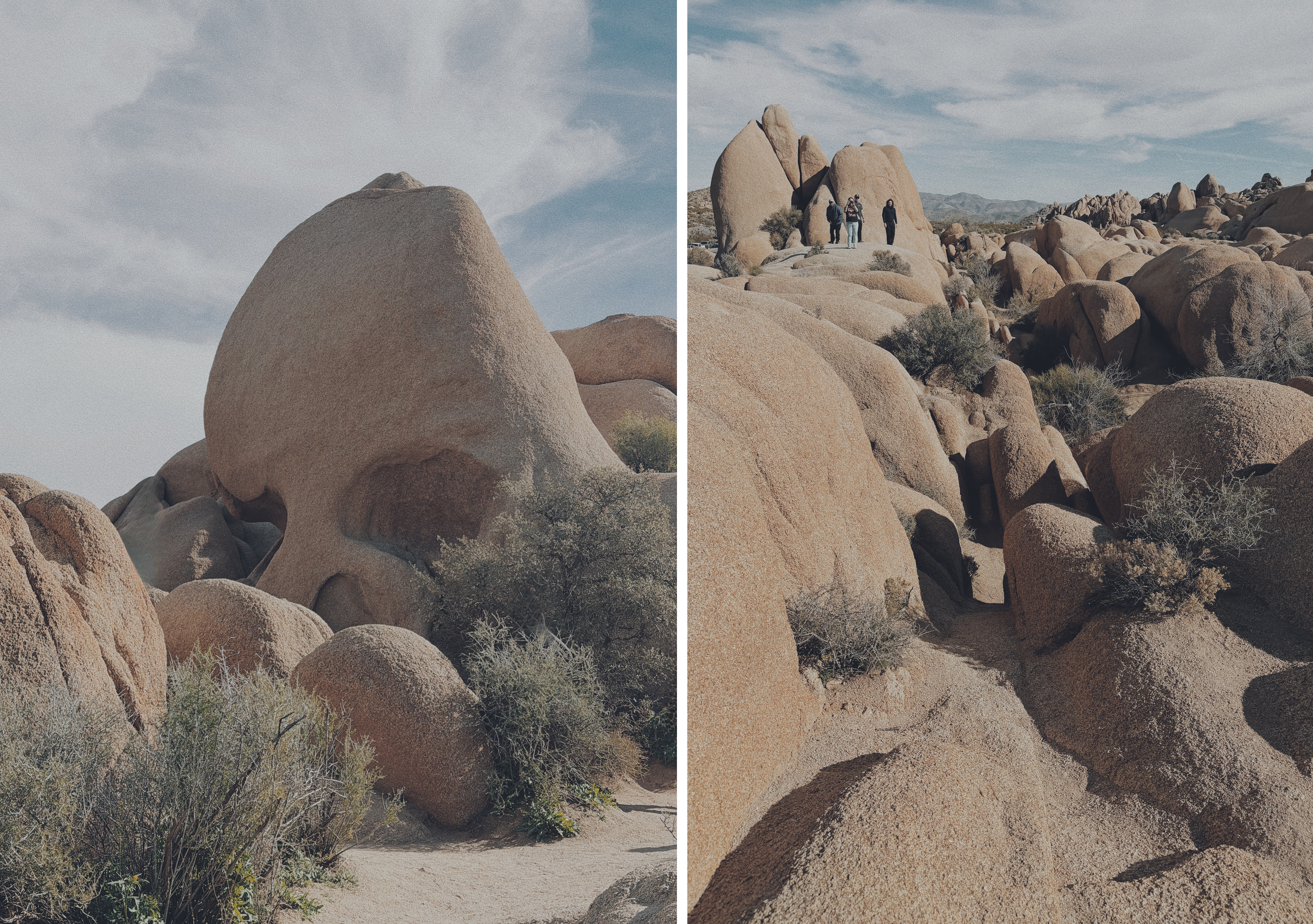 Image 1: Skull Rock in Joshua Tree National Park, a large rounded granite formation shaped like a skull, with a hollowed “eye” near the base. Smaller boulders and scrubby desert plants surround it, under a pale sky streaked with thin clouds. Image 2: Nearby rock formations in Joshua Tree National Park, with smooth, rounded granite boulders rising around a narrow sandy path. A few people stand on top of a distant rock, giving a sense of scale against the wide, rocky desert landscape.